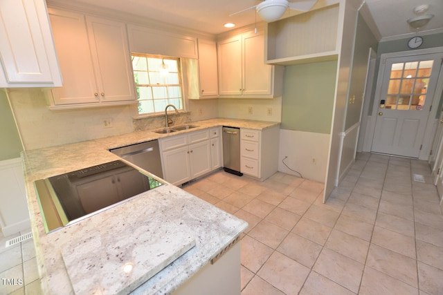 kitchen with ornamental molding, white cabinetry, sink, stainless steel dishwasher, and light tile patterned flooring