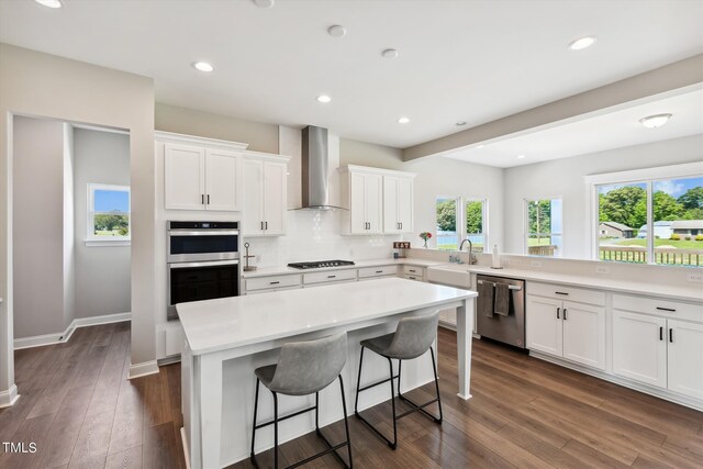 kitchen featuring wall chimney exhaust hood, plenty of natural light, stainless steel appliances, and white cabinetry