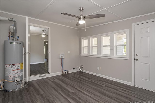 111 Sanford Rd, Laurinburg, NC 28352 - interior space with water heater, crown molding, dark wood-type flooring, baseboards, and ceiling fan