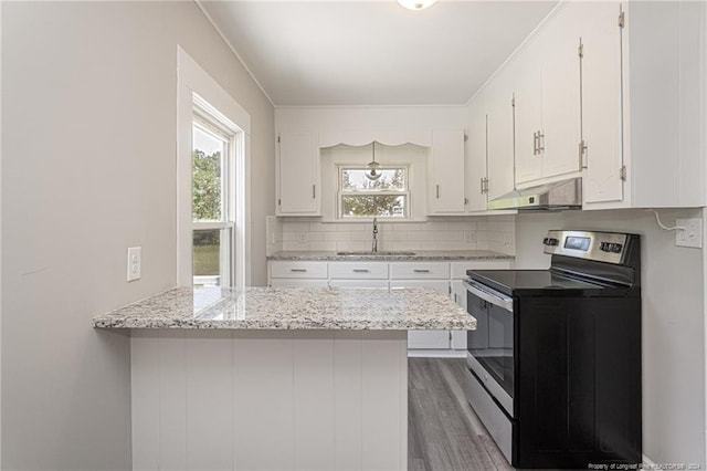 111 Sanford Rd, Laurinburg, NC 28352 - kitchen with a peninsula, a sink, white cabinets, under cabinet range hood, and stainless steel electric range oven