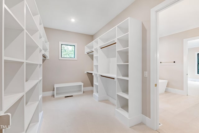 walk in closet with light carpet