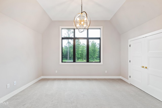 additional living space featuring light carpet, an inviting chandelier, and lofted ceiling