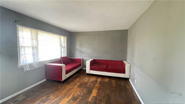 sitting room with baseboards, wood finished floors, and a textured ceiling