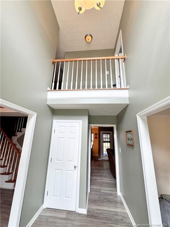 stairway with hardwood / wood-style flooring