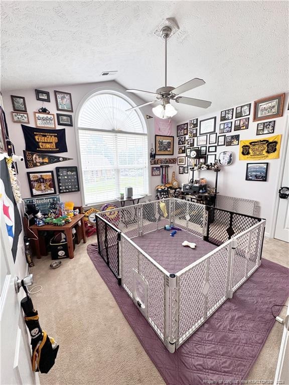 rec room with ceiling fan, a textured ceiling, and carpet