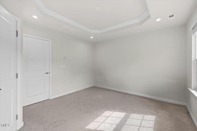 carpeted empty room with a raised ceiling