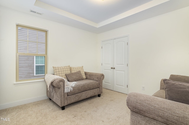 carpeted living room with a raised ceiling