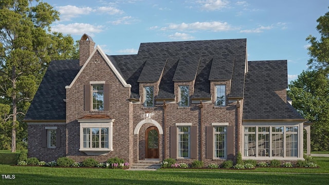 view of front of house with a front lawn, a chimney, and brick siding