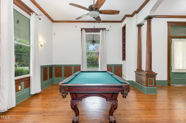 rec room featuring ornate columns, ceiling fan, billiards, and a wealth of natural light