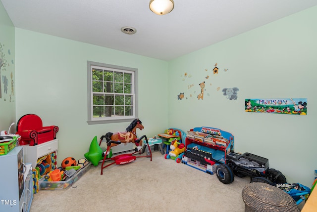 recreation room with carpet flooring