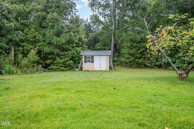 view of yard featuring a storage unit