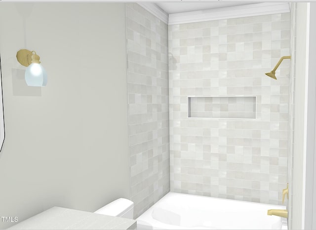 bathroom with tiled shower / bath combo and toilet