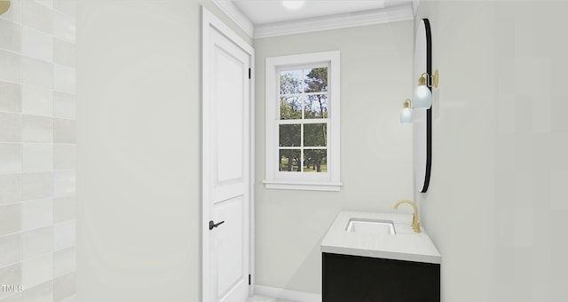 bathroom with vanity and crown molding