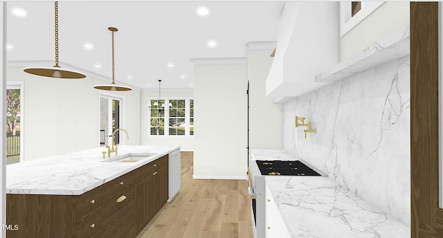 kitchen with dishwasher, sink, hanging light fixtures, a kitchen island with sink, and high end stainless steel range