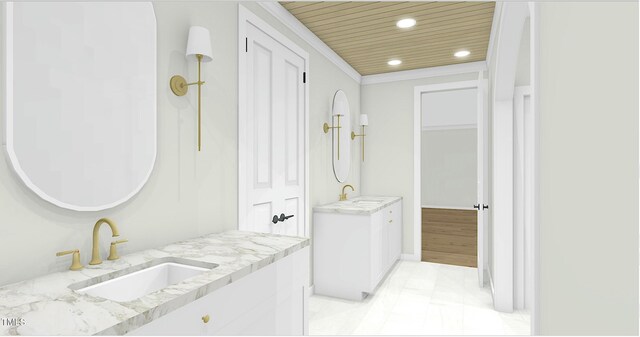 bathroom featuring vanity, ornamental molding, and wood ceiling