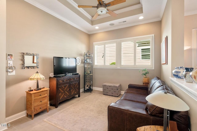108 Boone St, Chapel Hill, NC 27516 - living area with crown molding, a raised ceiling, a ceiling fan, baseboards, and visible vents