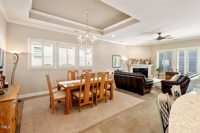 108 Boone St, Chapel Hill, NC 27516 - dining space featuring a raised ceiling, ceiling fan with notable chandelier, and a healthy amount of sunlight
