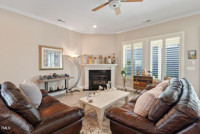 108 Boone St, Chapel Hill, NC 27516 - living area featuring visible vents, a ceiling fan, baseboards, and a glass covered fireplace