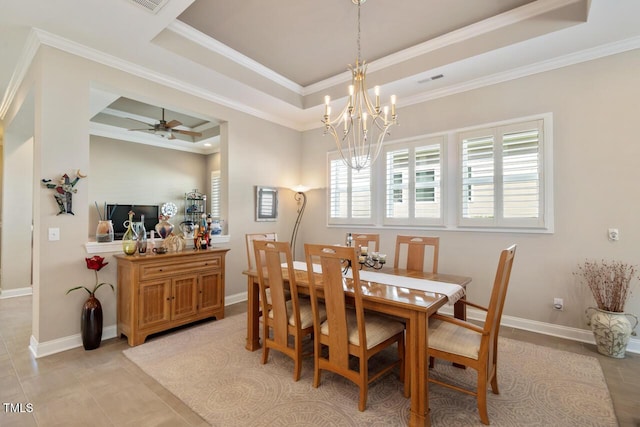 108 Boone St, Chapel Hill, NC 27516 - dining area featuring crown molding, a raised ceiling, baseboards, and ceiling fan with notable chandelier