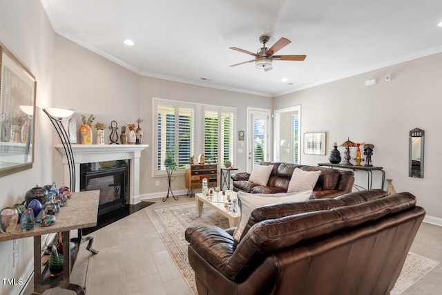 108 Boone St, Chapel Hill, NC 27516 - living area with ornamental molding, a fireplace, baseboards, recessed lighting, and a ceiling fan