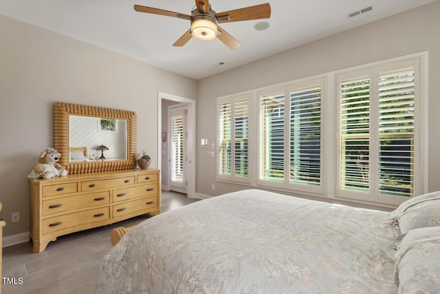 108 Boone St, Chapel Hill, NC 27516 - bedroom with baseboards, access to exterior, a ceiling fan, and visible vents