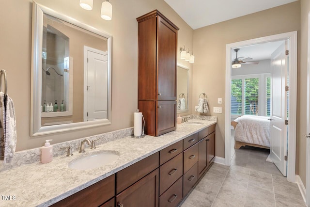 108 Boone St, Chapel Hill, NC 27516 - ensuite bathroom with a sink, ceiling fan, a tile shower, and double vanity