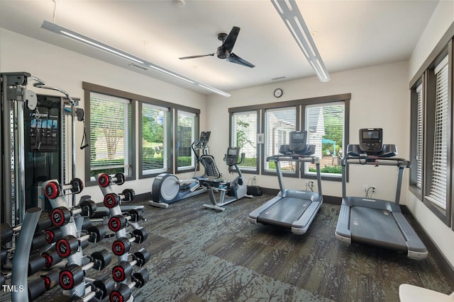 108 Boone St, Chapel Hill, NC 27516 - exercise room with plenty of natural light, baseboards, ceiling fan, and visible vents