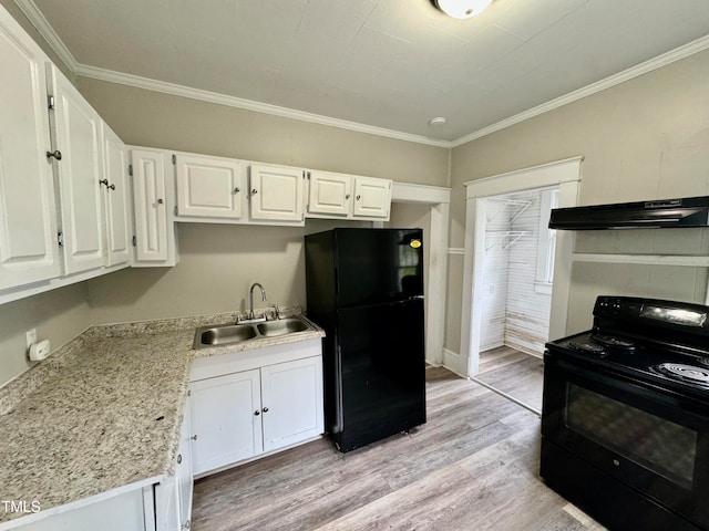 kitchen with white cabinetry, light wood-type flooring, black appliances, sink, and extractor fan