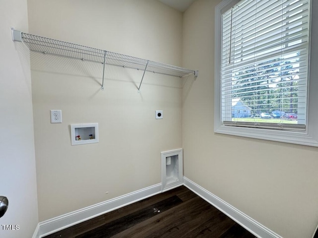 1005 Sunnybrook Rd S, Wilson, NC 27893 - laundry area featuring baseboards, dark wood-style floors, electric dryer hookup, laundry area, and washer hookup