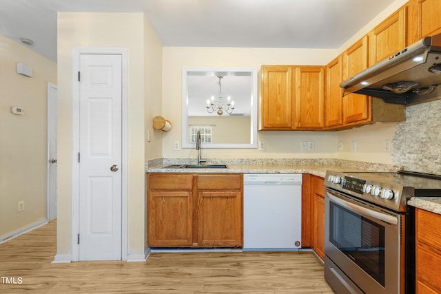 kitchen featuring sink, light hardwood / wood-style flooring, dishwasher, range hood, and stainless steel electric stove