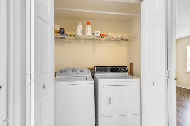 laundry area with hardwood / wood-style flooring and separate washer and dryer