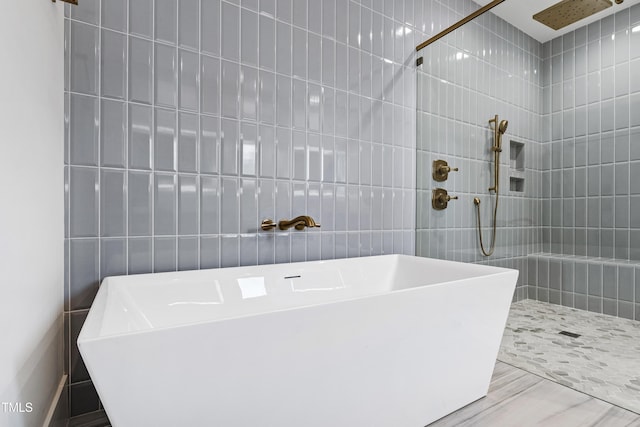 bathroom with plus walk in shower and wood-type flooring