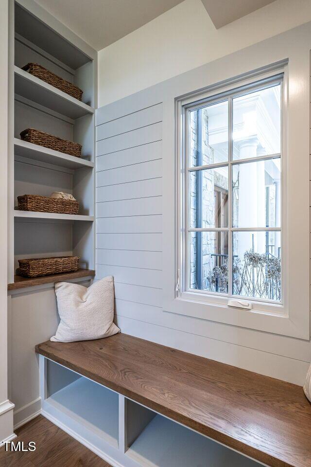 mudroom featuring dark wood-type flooring