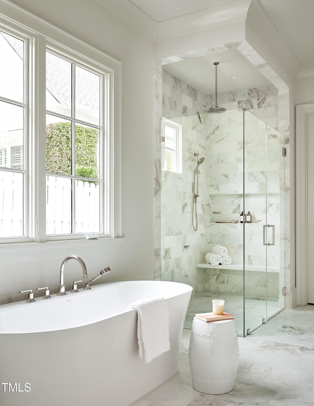 1307 Mayfair Rd, Raleigh, NC 27608 - bathroom featuring marble finish floors, a marble finish shower, and a soaking tub