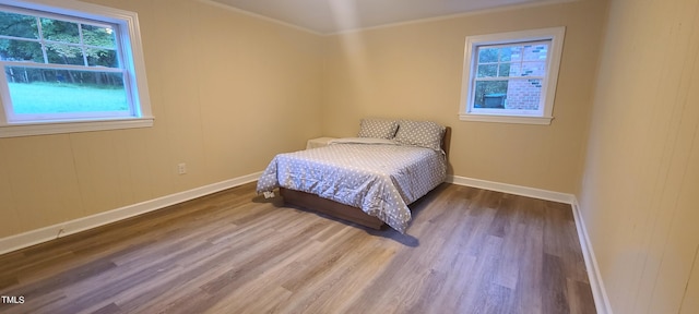 bedroom featuring baseboards, wood finished floors, and multiple windows