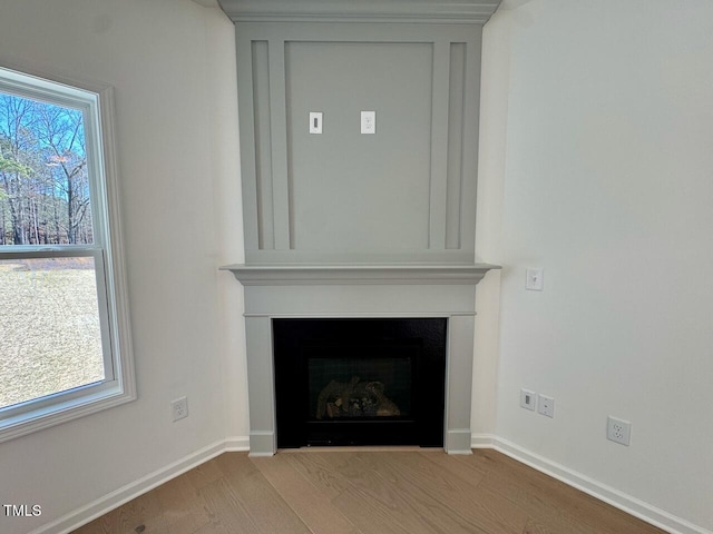 details featuring a fireplace and baseboards