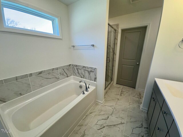 bathroom featuring marble finish floor, visible vents, vanity, a shower stall, and a bath