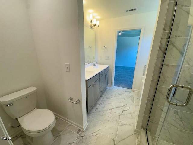 full bath with marble finish floor, visible vents, toilet, a shower stall, and baseboards