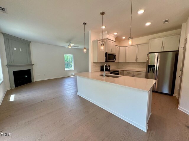 235 Grand Griffon Way, Lillington, NC 27546 - kitchen featuring stainless steel appliances, a peninsula, light wood finished floors, ceiling fan, and recessed lighting
