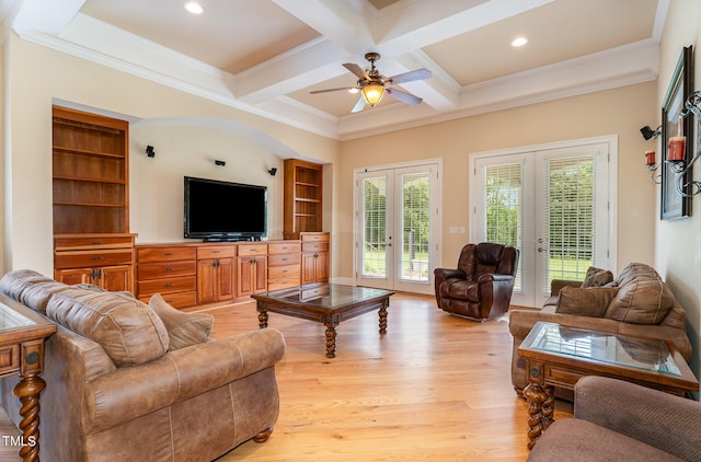 living room with crown molding, french doors, coffered ceiling, and light hardwood / wood-style flooring