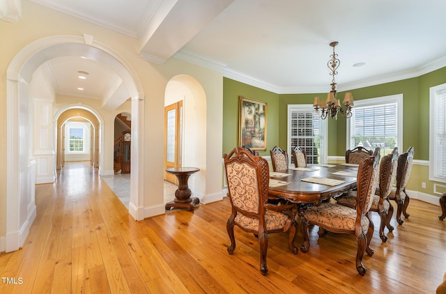 dining room with a chandelier, ornamental molding, a wealth of natural light, and light hardwood / wood-style flooring