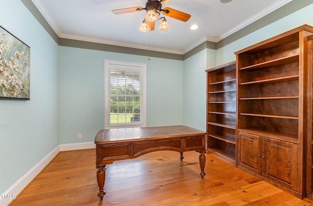 home office featuring ceiling fan, light hardwood / wood-style floors, and ornamental molding