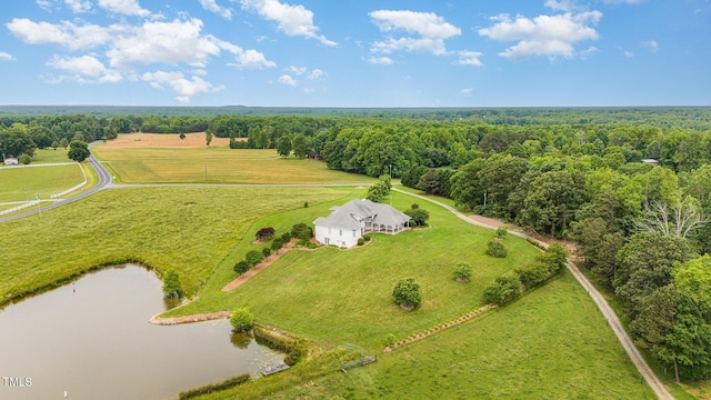 bird's eye view featuring a rural view and a water view