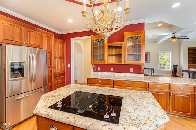 kitchen featuring pendant lighting, black electric stovetop, beamed ceiling, light hardwood / wood-style floors, and stainless steel fridge with ice dispenser