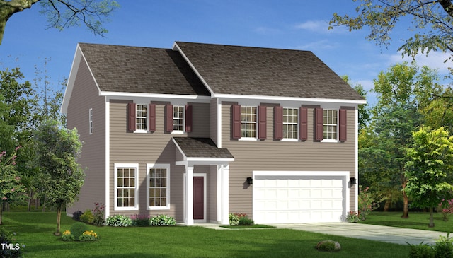 colonial-style house with concrete driveway, a front lawn, and a garage