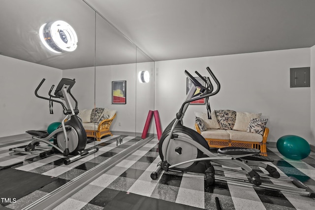 exercise area featuring baseboards and electric panel