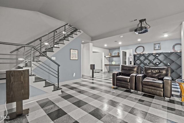 living area with recessed lighting, stairs, visible vents, and baseboards