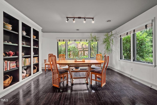 dining space featuring plenty of natural light and dark hardwood / wood-style flooring