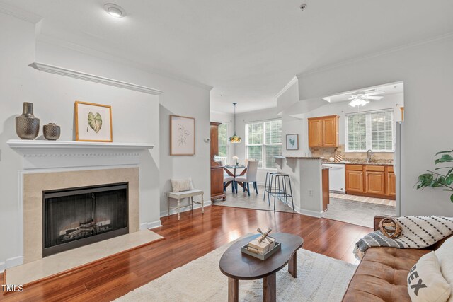 living room featuring ceiling fan, light hardwood / wood-style flooring, crown molding, and a high end fireplace