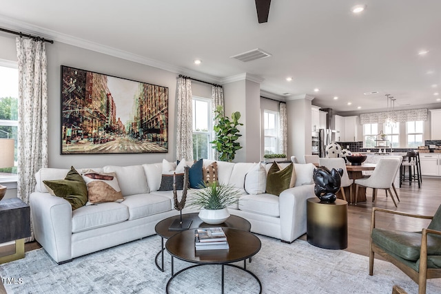 living room featuring ornamental molding and light wood-type flooring